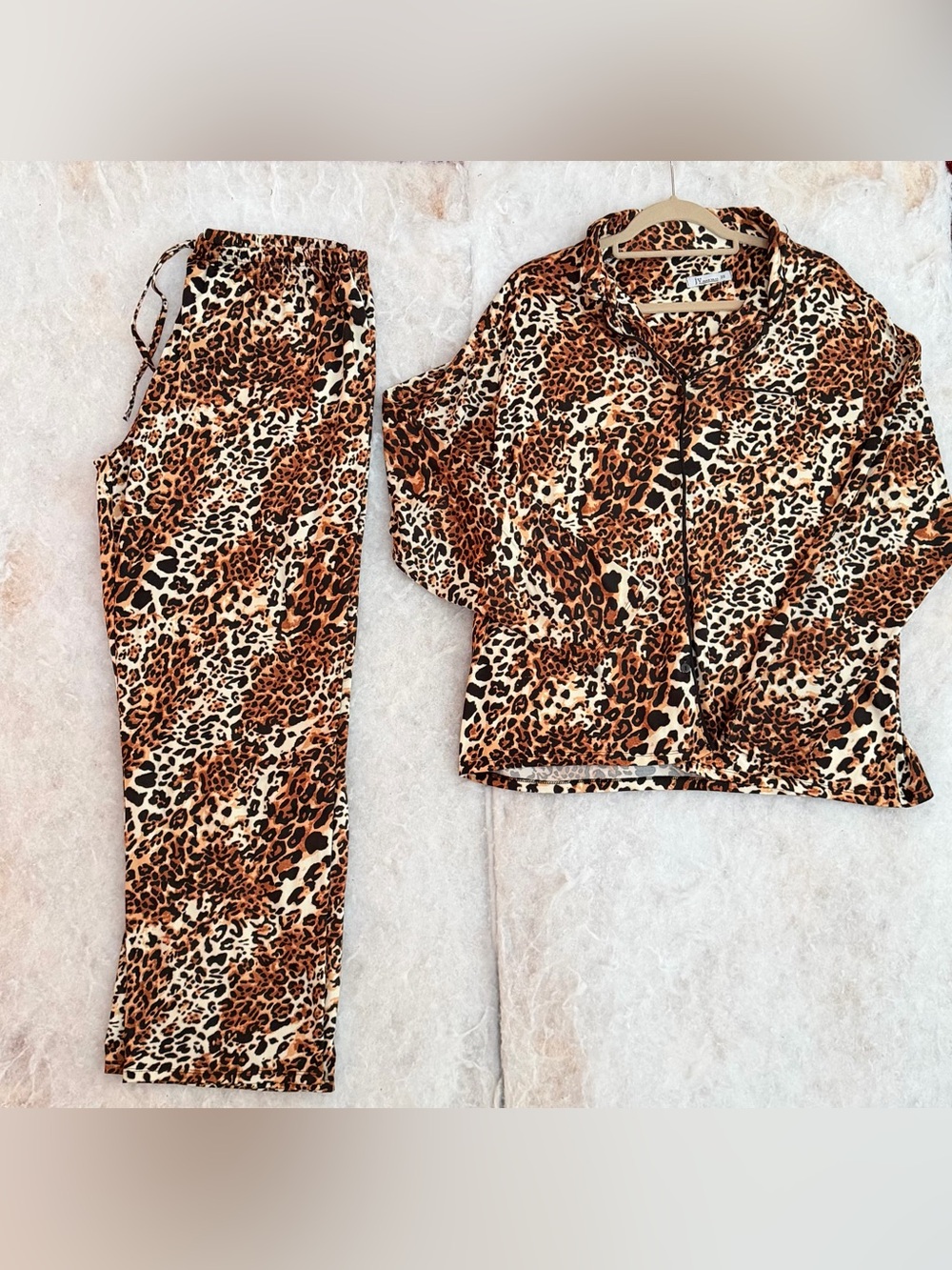 Joan Vass Leopard Print Pajama Set in Brown and Cream (811)